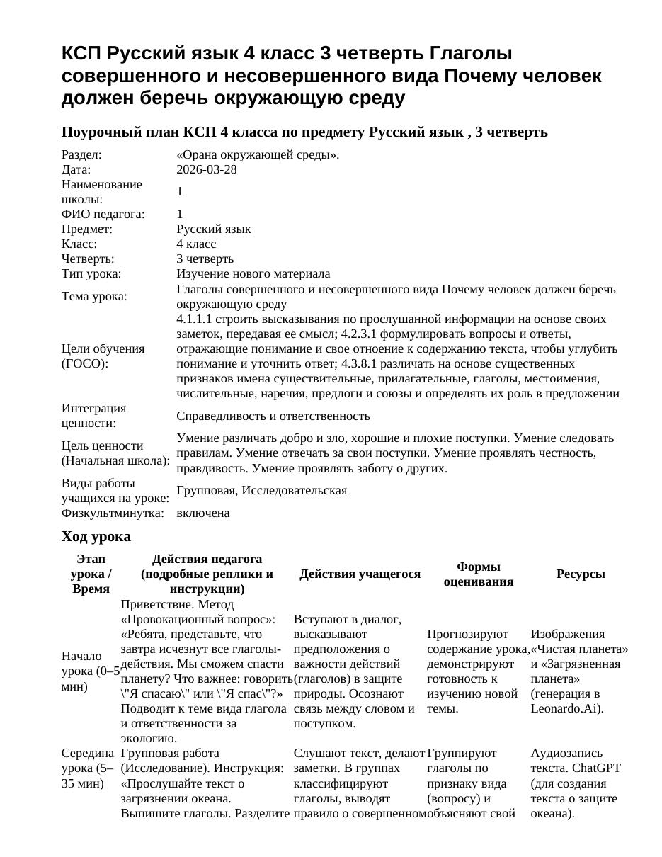 КСП Русский язык 4 класс 3 четверть Глаголы совершенного и несовершенного вида Почему человек должен беречь окружающую среду