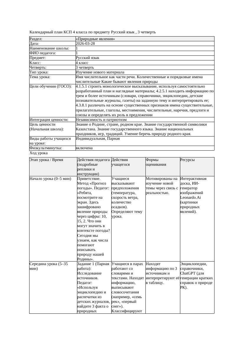 КСП Русский язык 4класс 3 четверть Имя числительное как части речи