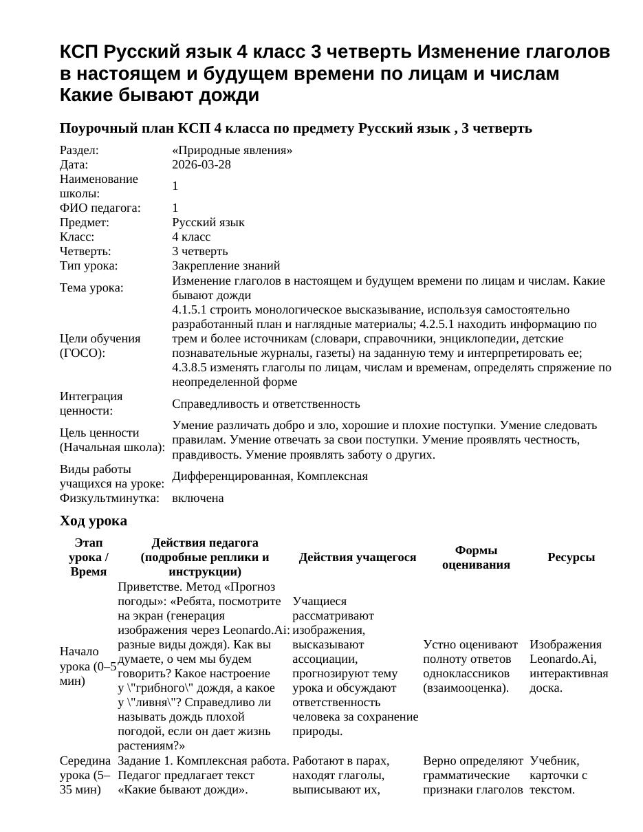 КСП Русский язык 4 класс 3 четверть Изменение глаголов в настоящем и будущем времени по лицам и числам Какие бывают дожди