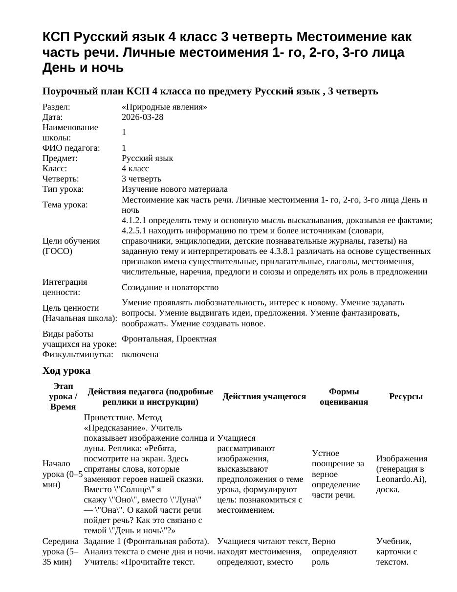 КСП Русский язык 4 класс 3 четверть Местоимение как часть речи. Личные местоимения 1- го, 2-го, 3-го лица День и ночь