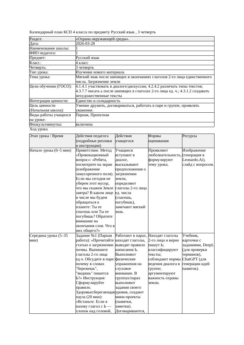 КСП Русский язык 4класс 3 четверть Мягкий знак после шипящих в окончаниях