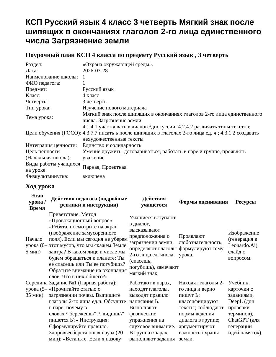 КСП Русский язык 4 класс 3 четверть Мягкий знак после шипящих в окончаниях глаголов 2-го лица единственного числа Загрязнение земли