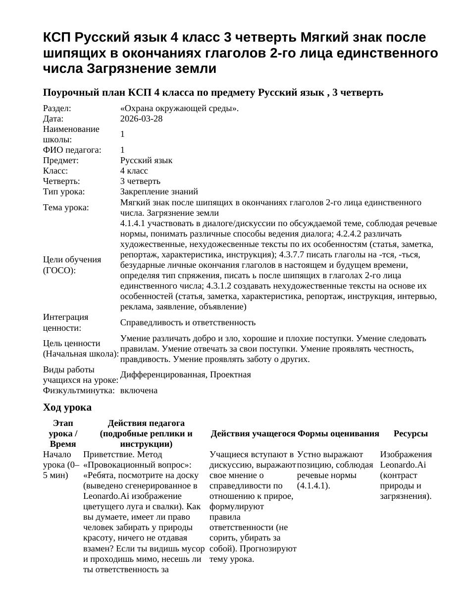 КСП Русский язык 4 класс 3 четверть Мягкий знак после шипящих в окончаниях глаголов 2-го лица единственного числа Загрязнение земли