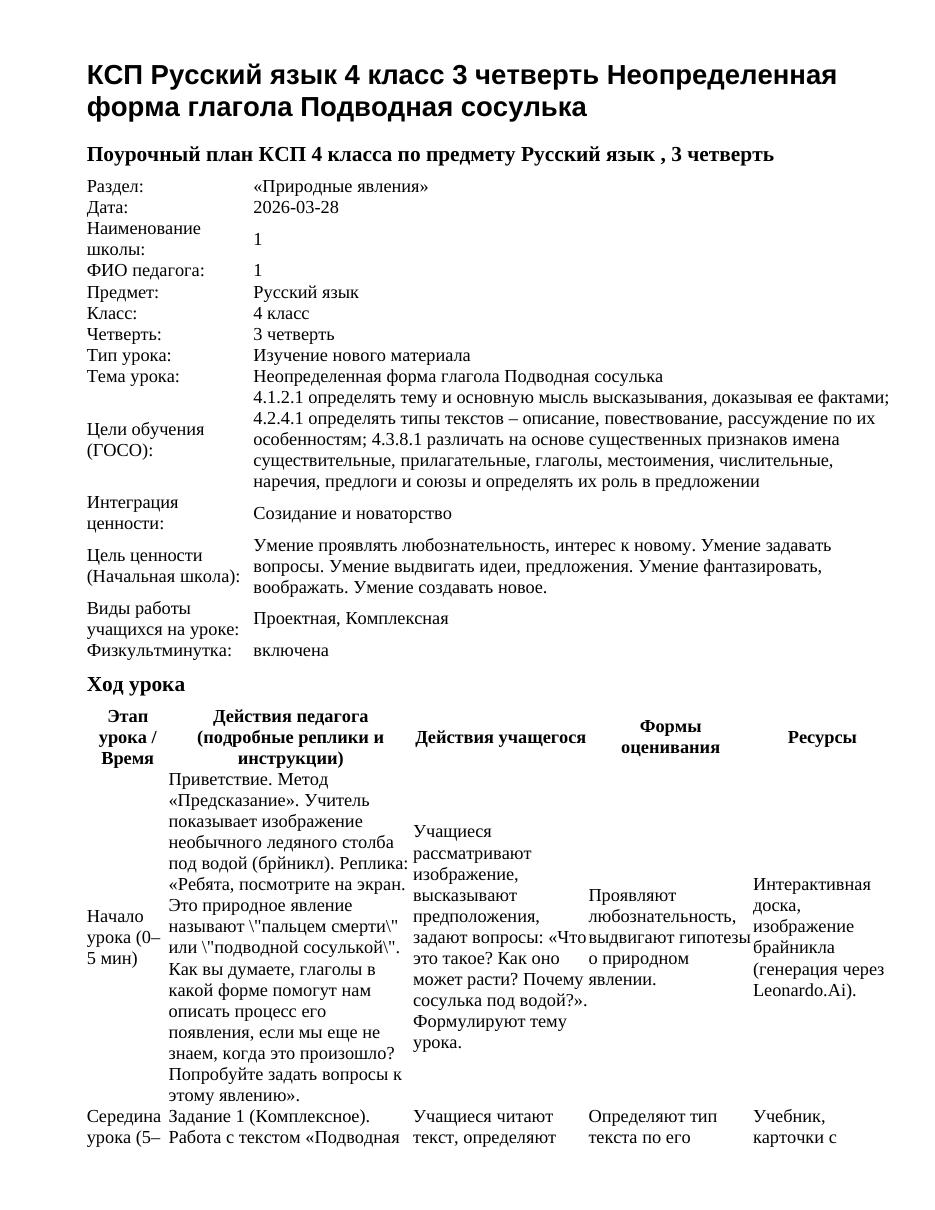 КСП Русский язык 4 класс 3 четверть Неопределенная форма глагола Подводная сосулька