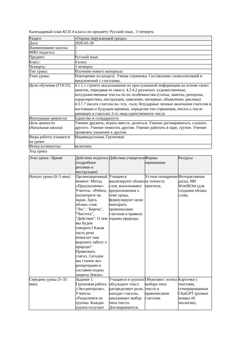 КСП Русский язык 4класс 3 четверть Повторение по разделу Умная страничка