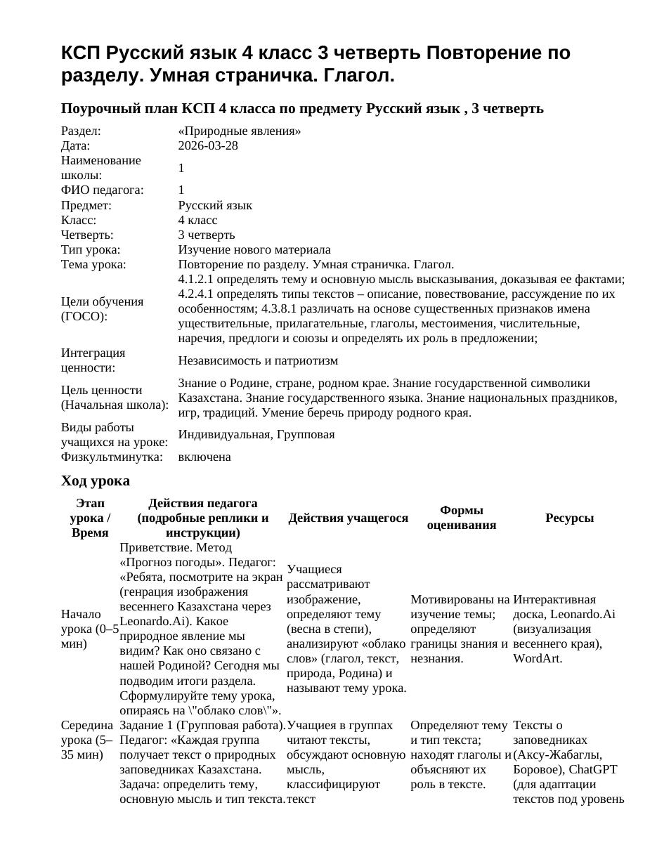 КСП Русский язык 4 класс 3 четверть Повторение по разделу. Умная страничка. Глагол.
