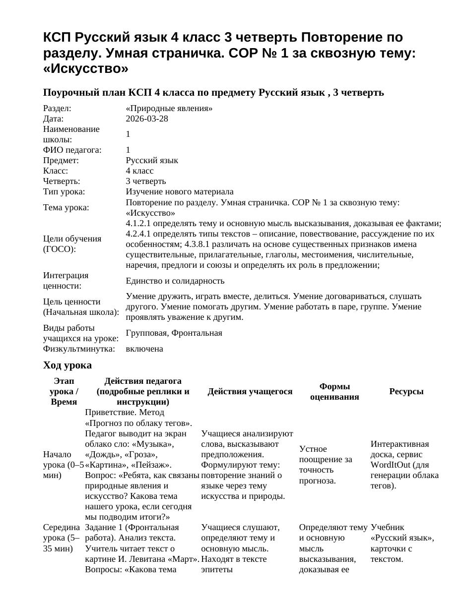 КСП Русский язык 4 класс 3 четверть Повторение по разделу. Умная страничка. СОР № 1 за сквозную тему: «Искусство»