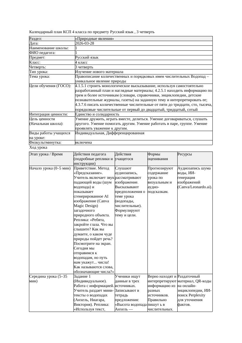 КСП Русский язык 4класс 3 четверть Правописание количественных и
