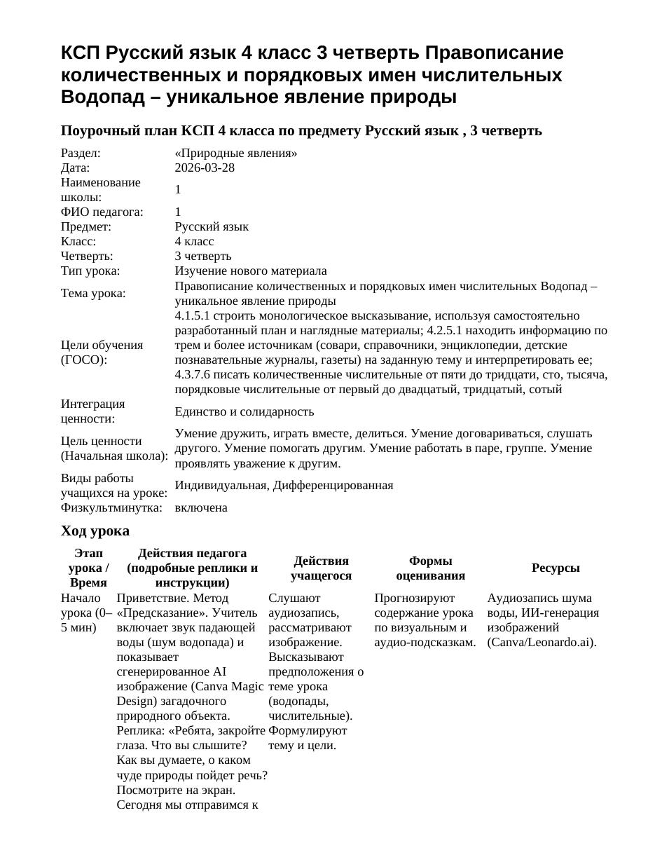 КСП Русский язык 4 класс 3 четверть Правописание количественных и порядковых имен числительных Водопад – уникальное явление природы