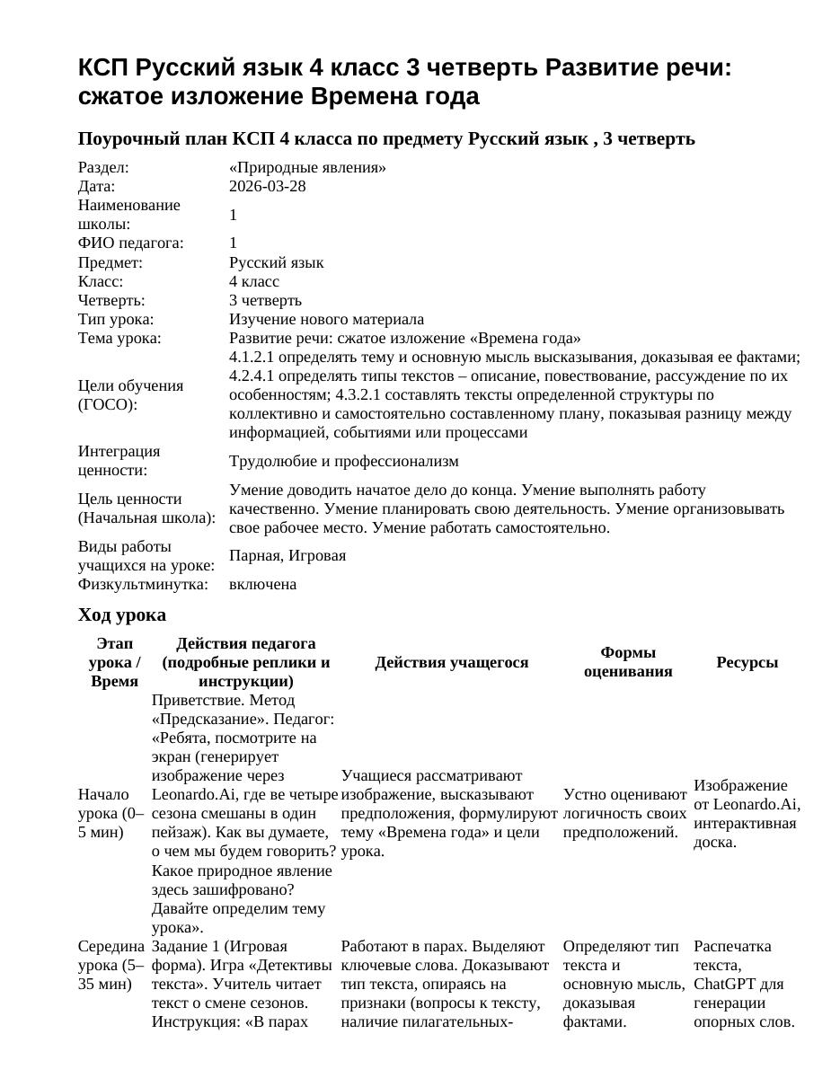 КСП Русский язык 4 класс 3 четверть Развитие речи: сжатое изложение Времена года