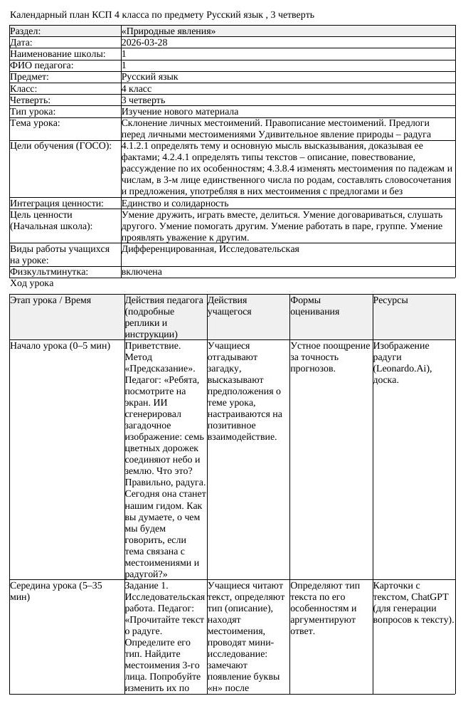 КСП Русский язык 4класс 3 четверть Склонение личных местоимений