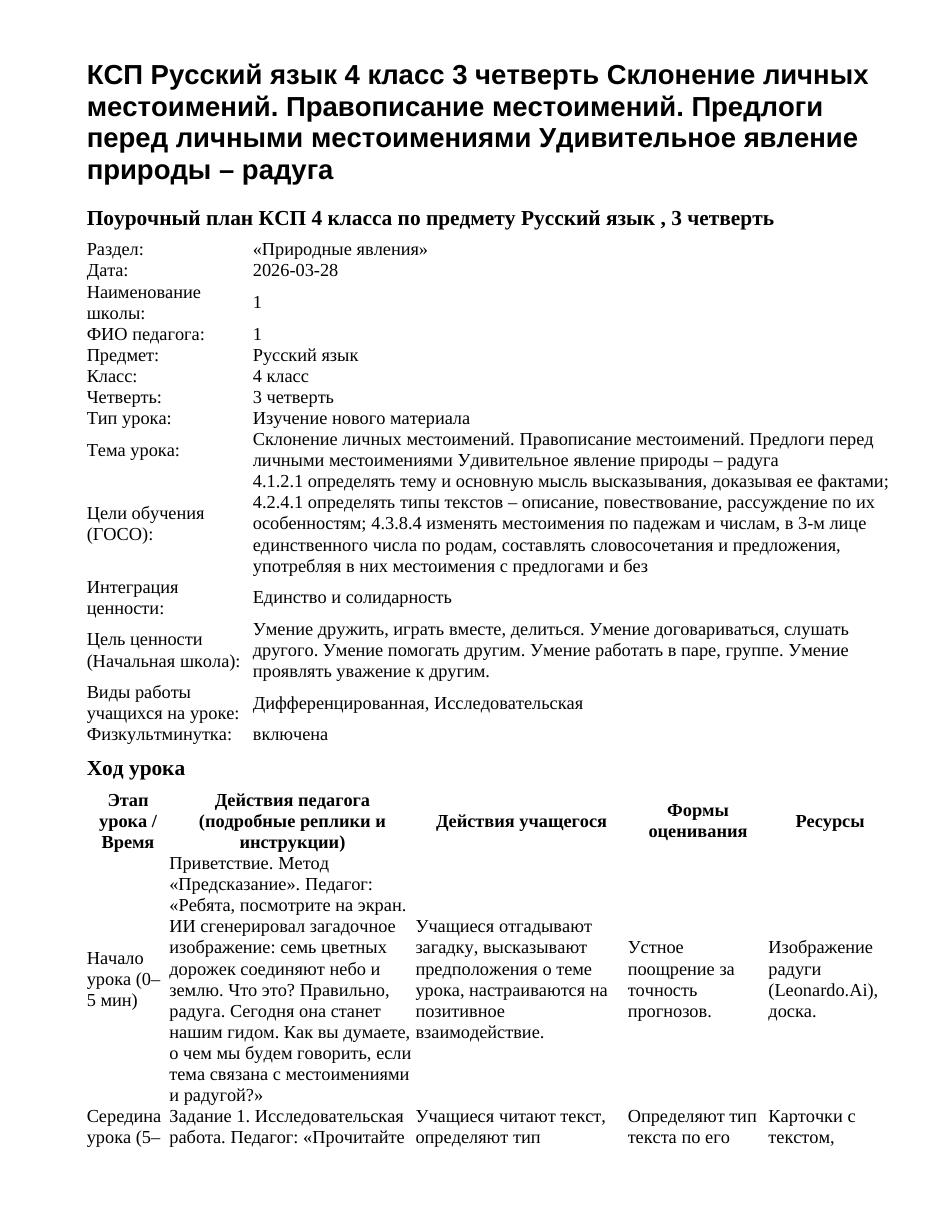 КСП Русский язык 4 класс 3 четверть Склонение личных местоимений. Правописание местоимений. Предлоги перед личными местоимениями Удивительное явление природы – радуга