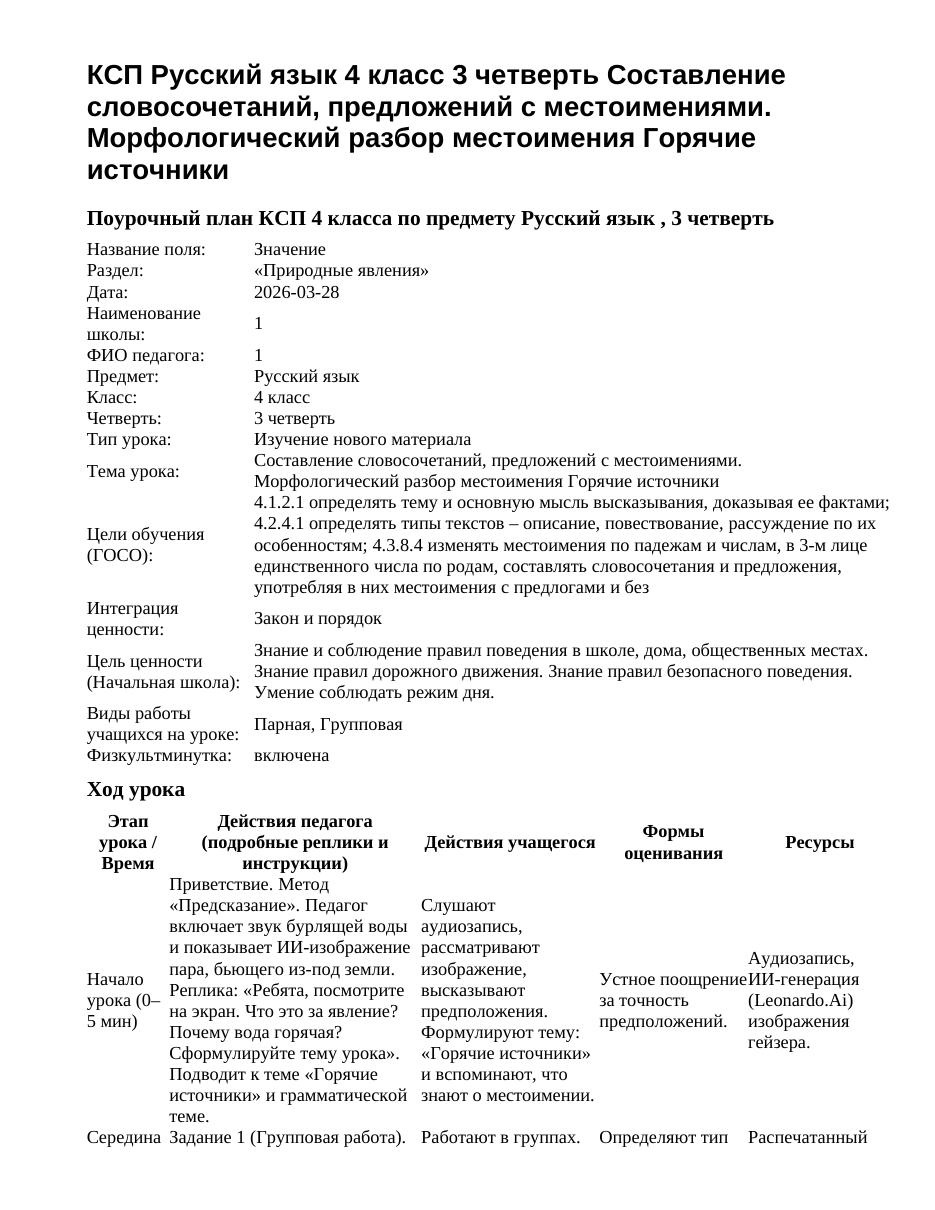 КСП Русский язык 4 класс 3 четверть Составление словосочетаний, предложений с местоимениями. Морфологический разбор местоимения Горячие источники