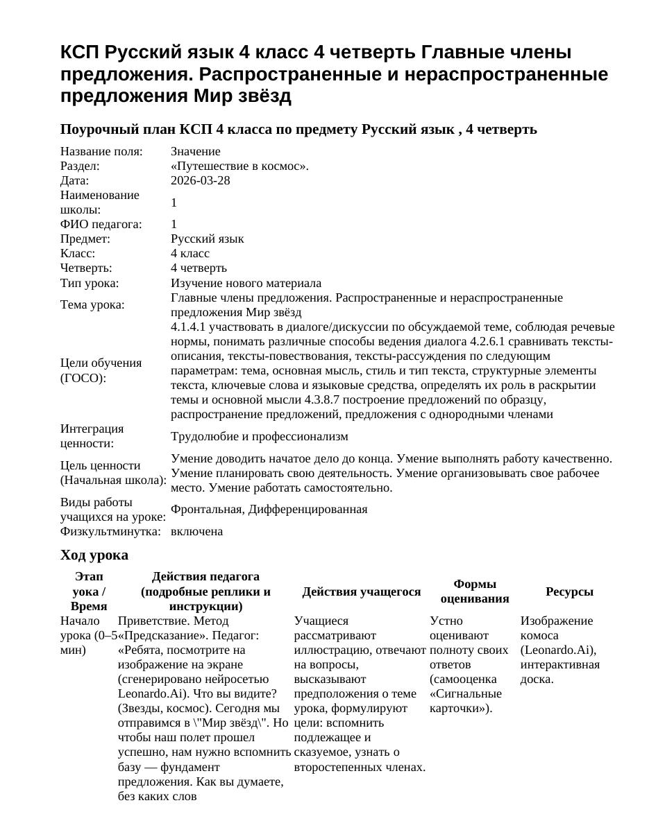 КСП Русский язык 4 класс 4 четверть Главные члены предложения. Распространенные и нераспространенные предложения Мир звёзд