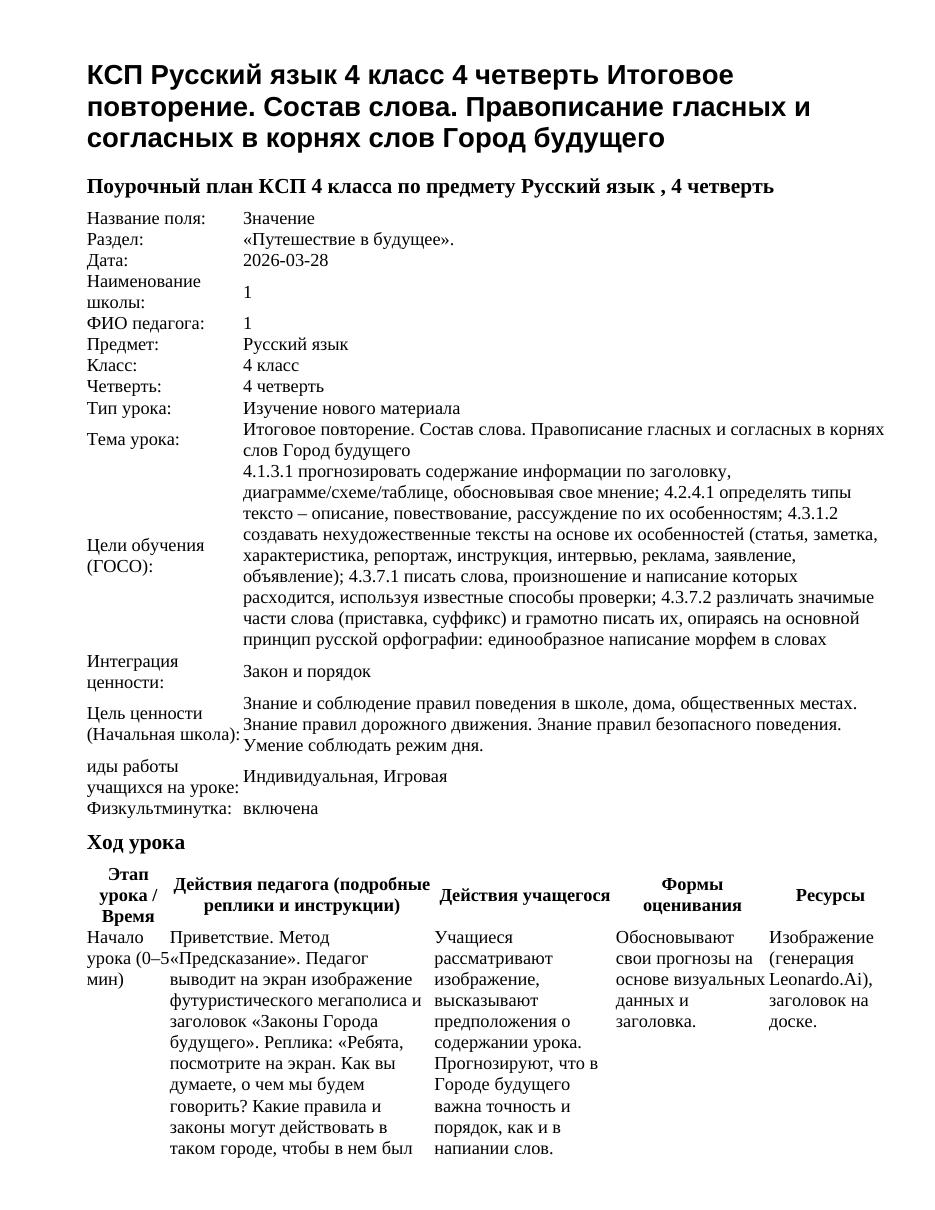 КСП Русский язык 4 класс 4 четверть Итоговое повторение. Состав слова. Правописание гласных и согласных в корнях слов Город будущего