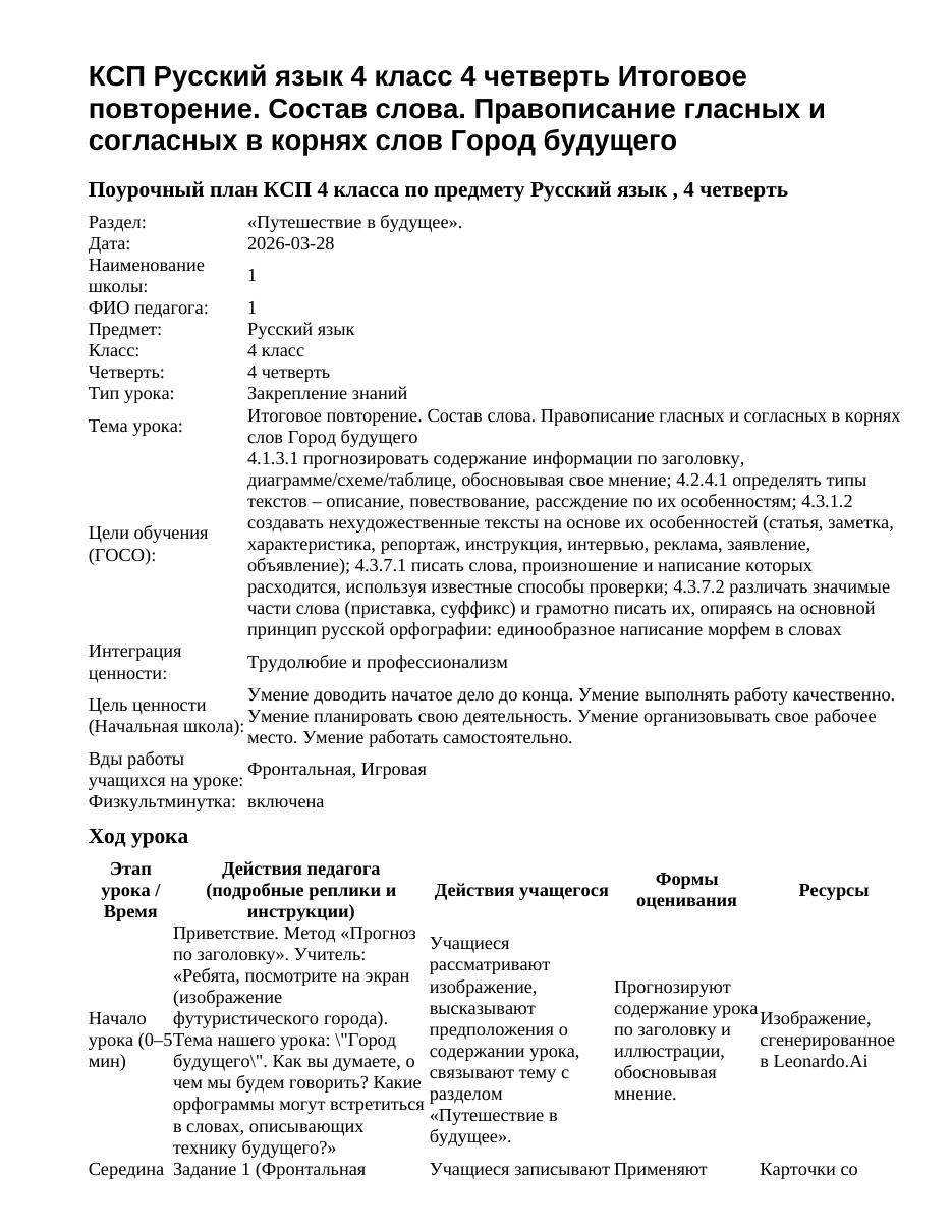 КСП Русский язык 4 класс 4 четверть Итоговое повторение. Состав слова. Правописание гласных и согласных в корнях слов Город будущего