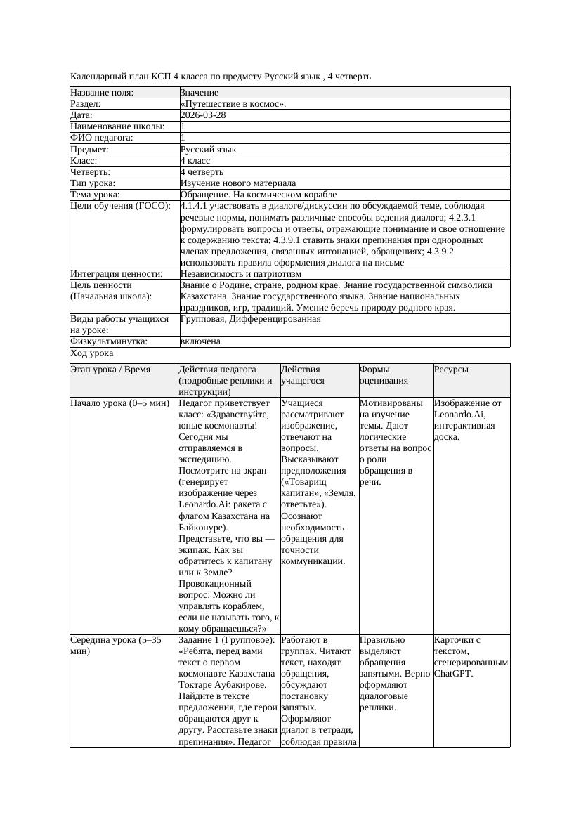КСП Русский язык 4класс 4 четверть Обращение На космическом корабле