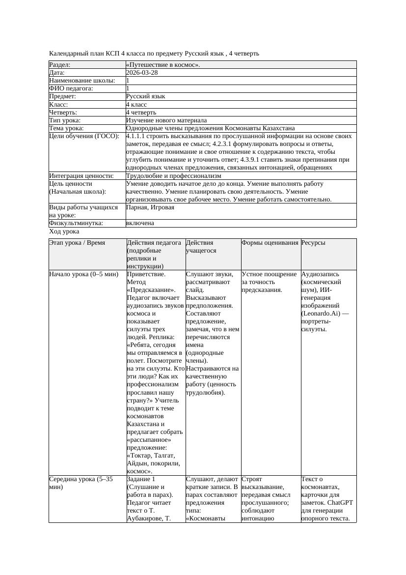 КСП Русский язык 4класс 4 четверть Однородные члены предложения