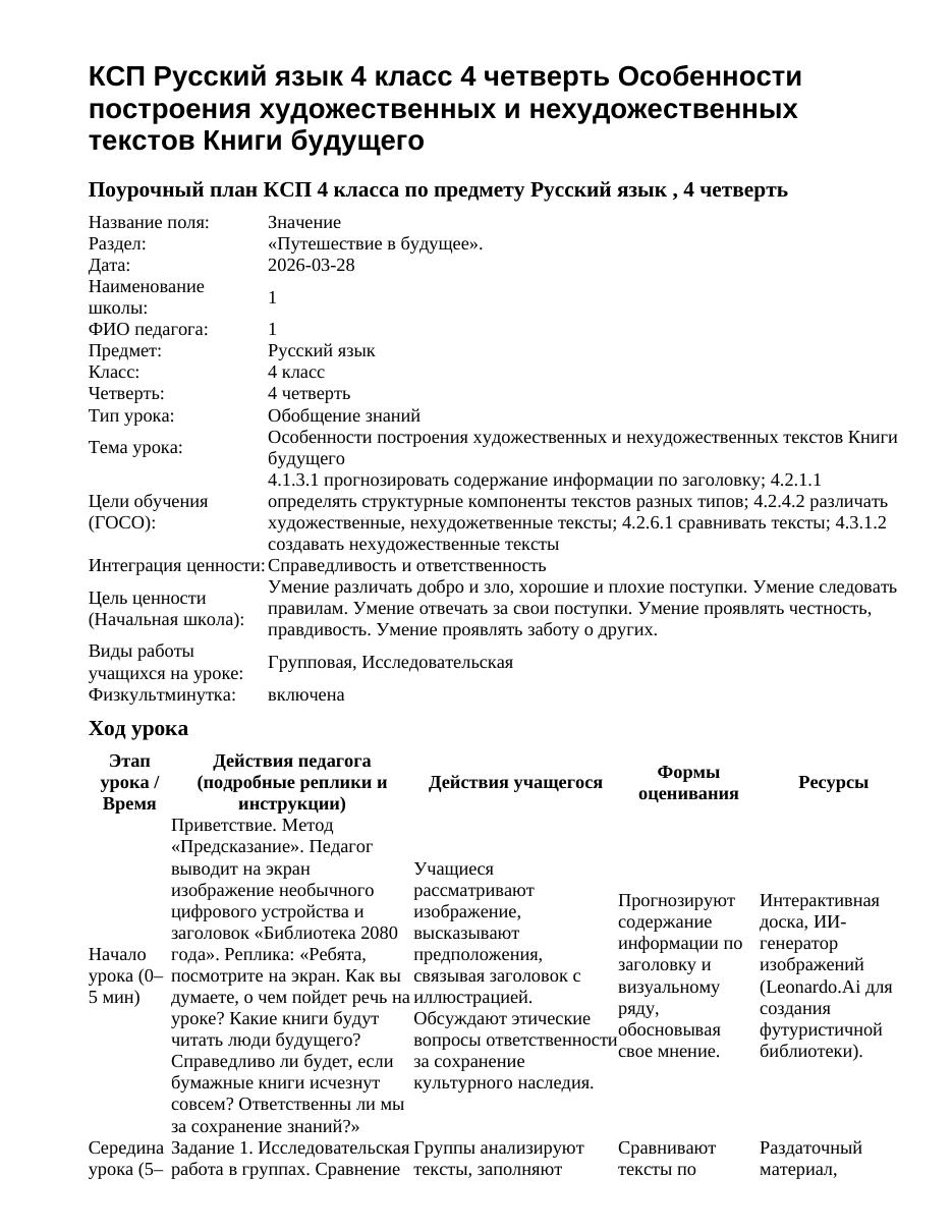 КСП Русский язык 4 класс 4 четверть Особенности построения художественных и нехудожественных текстов Книги будущего