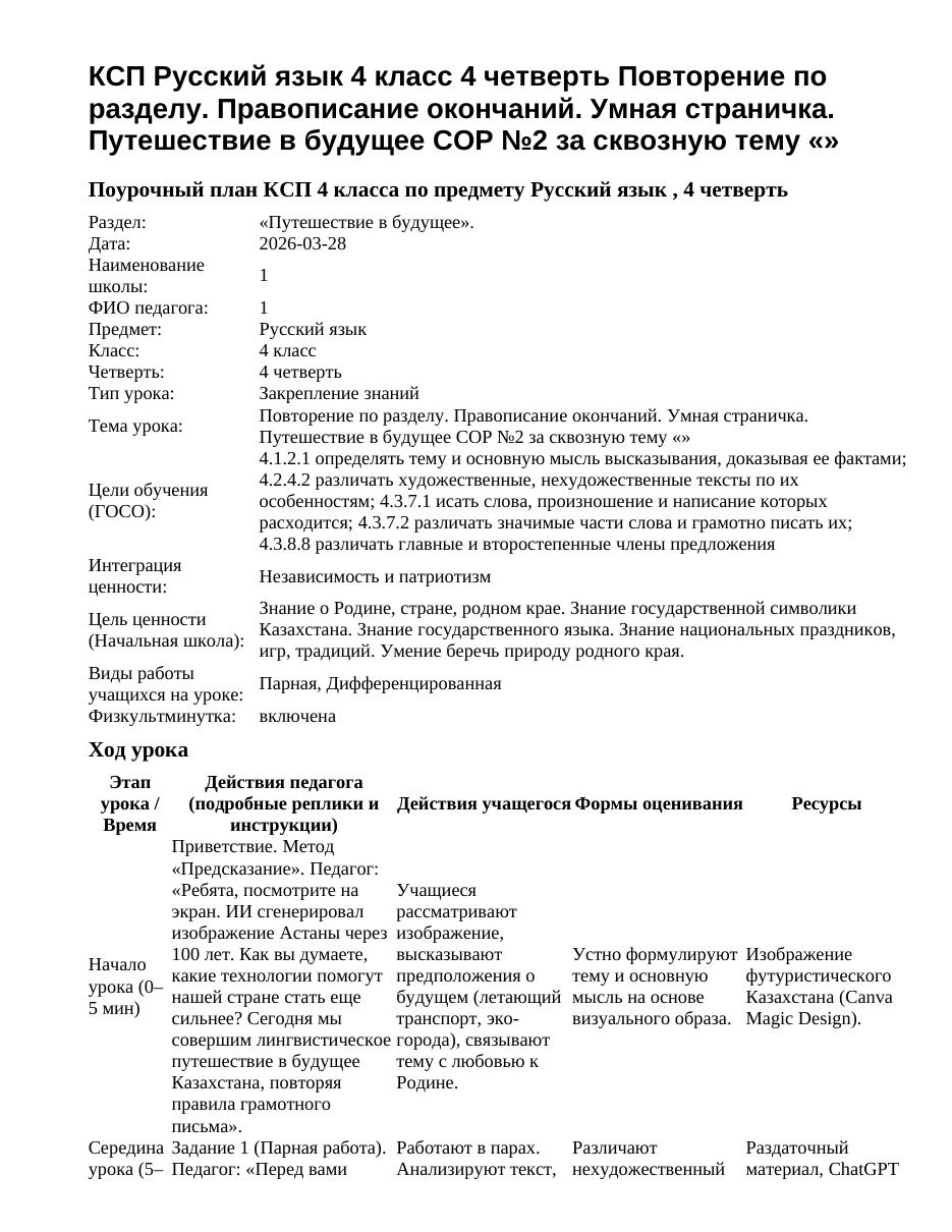КСП Русский язык 4 класс 4 четверть Повторение по разделу. Правописание окончаний. Умная страничка. Путешествие в будущее СОР №2 за сквозную тему «»