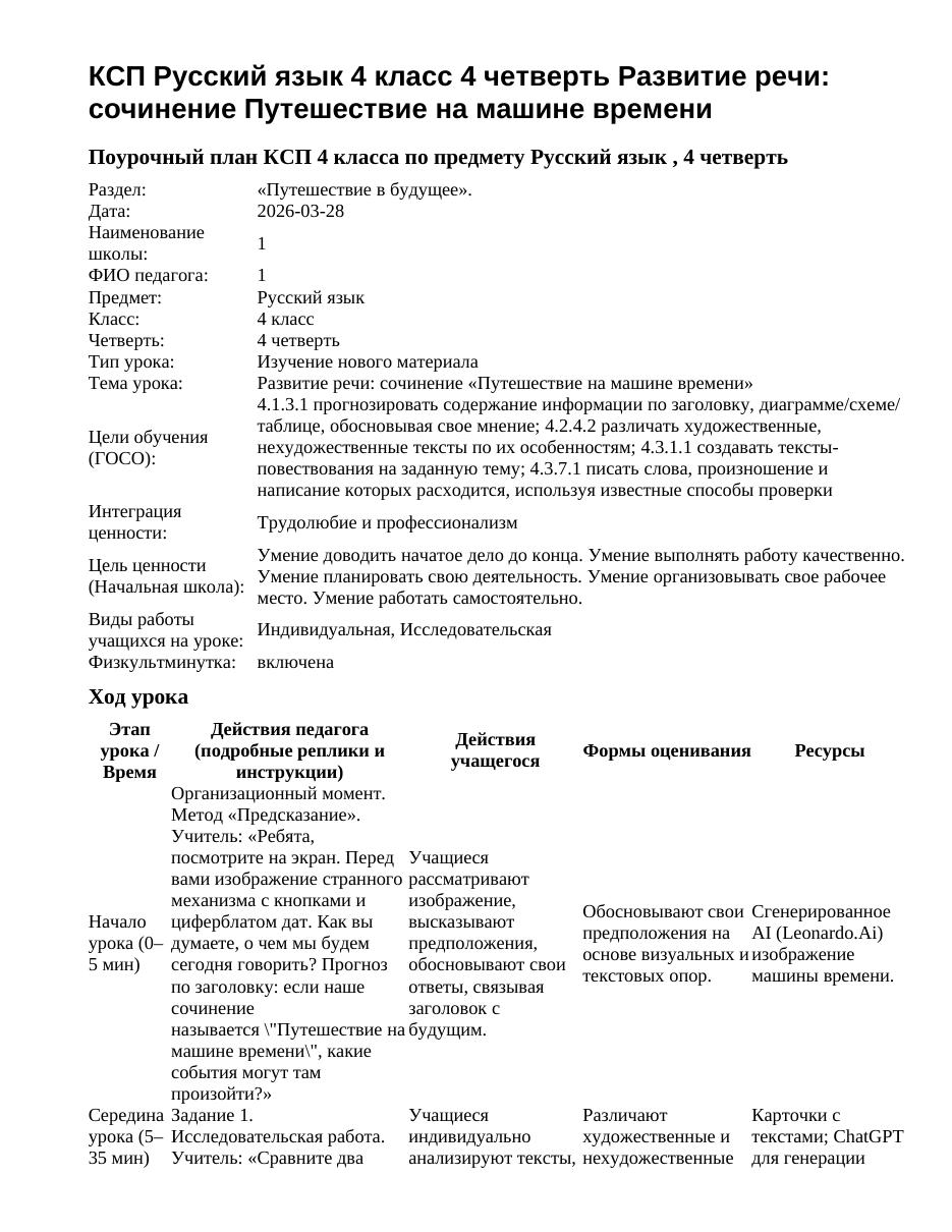 КСП Русский язык 4 класс 4 четверть Развитие речи: сочинение Путешествие на машине времени