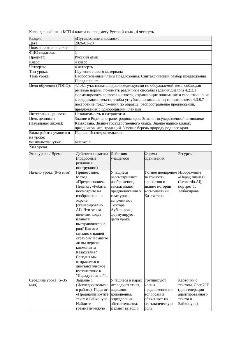 КСП Русский язык 4класс 4 четверть Второстепенные члены предложения