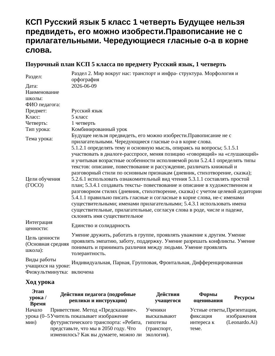 КСП Русский язык 5 класс 1 четверть Будущее нельзя предвидеть, его можно изобрести.Правописание не с прилагательными. Чередующиеся гласные о-а в корне слова.