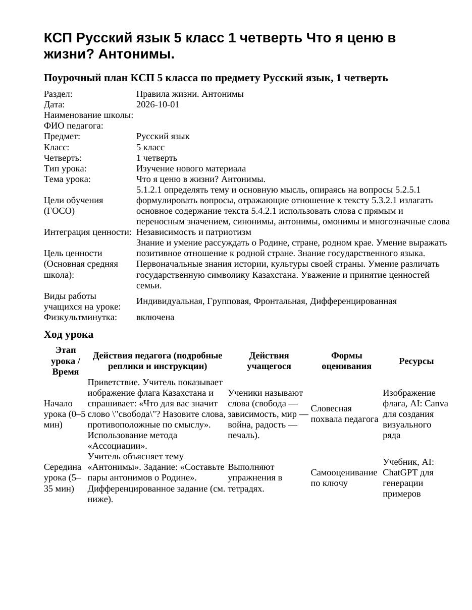 КСП Русский язык 5 класс 1 четверть Что я ценю в жизни? Антонимы.