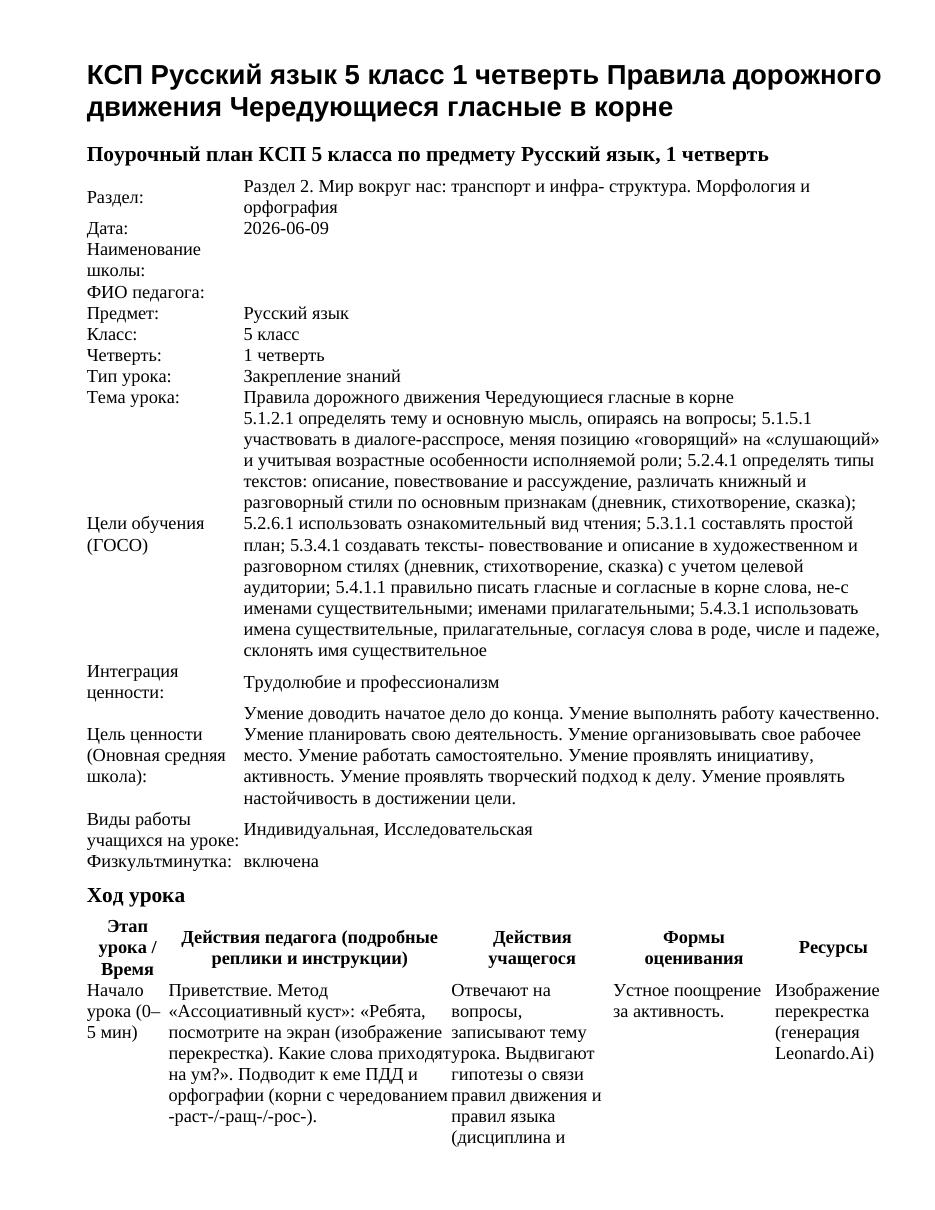 КСП Русский язык 5 класс 1 четверть Правила дорожного движения Чередующиеся гласные в корне