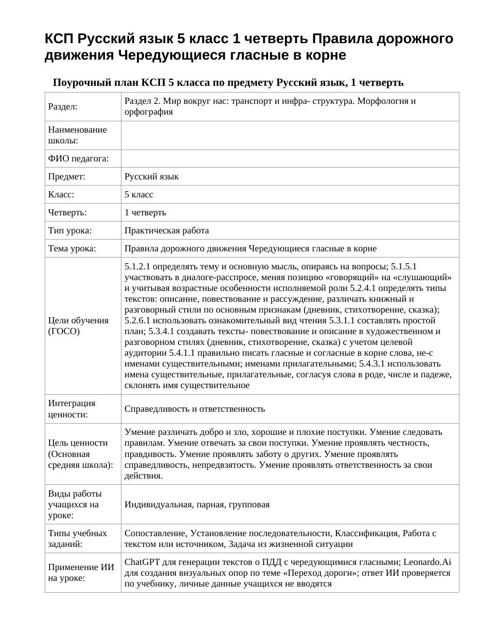 КСП Русский язык 5 класс 1 четверть Правила дорожного движения Чередующиеся гласные в корне