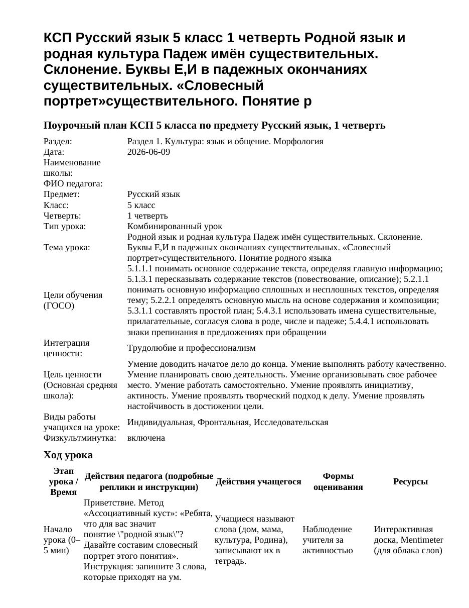 КСП Русский язык 5 класс 1 четверть Родной язык и родная культура Падеж имён существительных. Склонение. Буквы Е,И в падежных окончаниях существительных. «Словесный портрет»существительного. Понятие р
