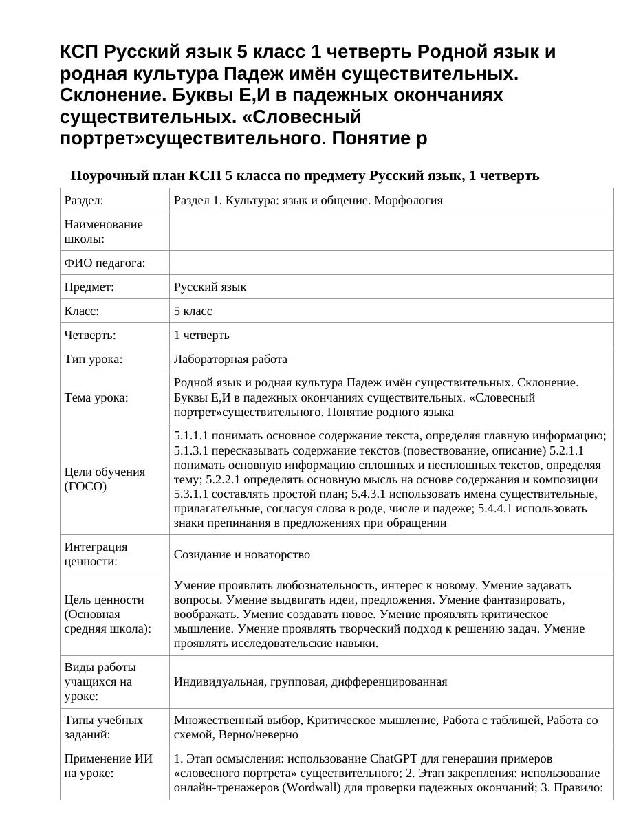 КСП Русский язык 5 класс 1 четверть Родной язык и родная культура Падеж имён существительных. Склонение. Буквы Е,И в падежных окончаниях существительных. «Словесный портрет»существительного. Понятие р