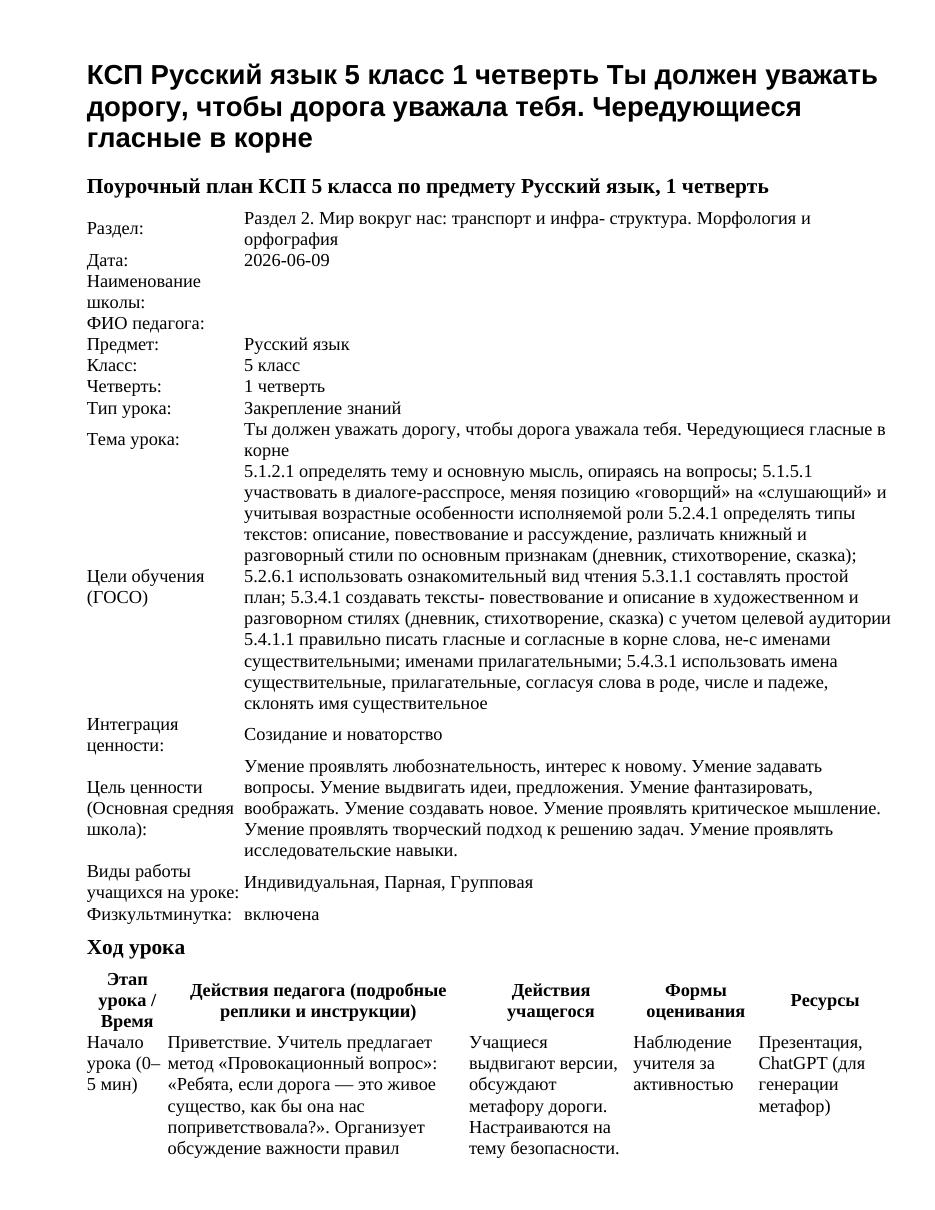 КСП Русский язык 5 класс 1 четверть Ты должен уважать дорогу, чтобы дорога уважала тебя. Чередующиеся гласные в корне