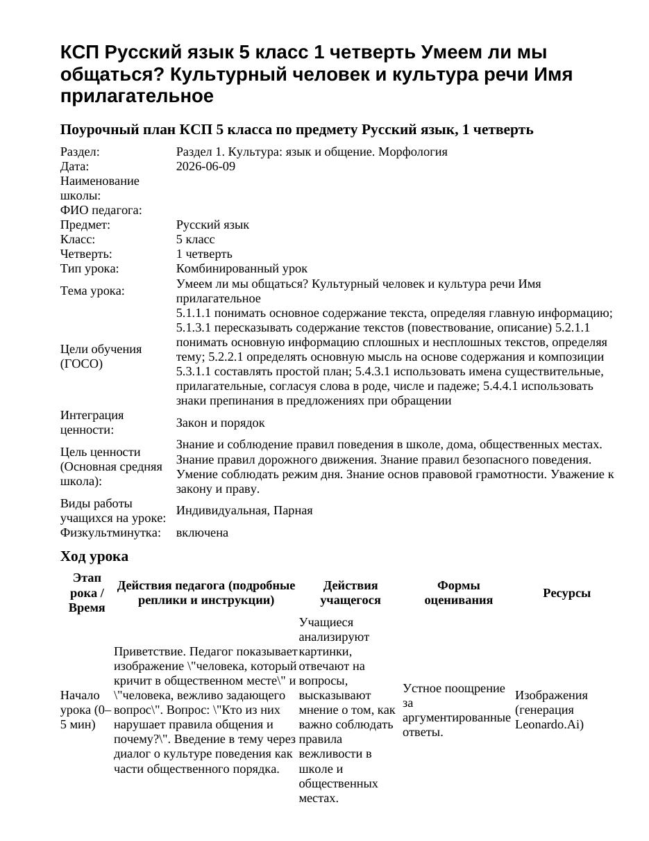 КСП Русский язык 5 класс 1 четверть Умеем ли мы общаться? Культурный человек и культура речи Имя прилагательное