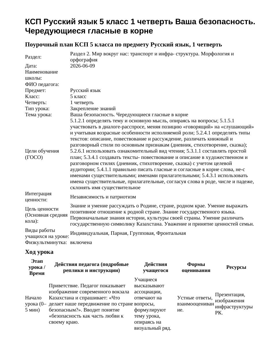 КСП Русский язык 5 класс 1 четверть Ваша безопасность. Чередующиеся гласные в корне