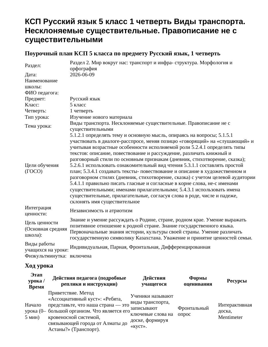 КСП Русский язык 5 класс 1 четверть Виды транспорта. Несклоняемые существительные. Правописание не с существительными