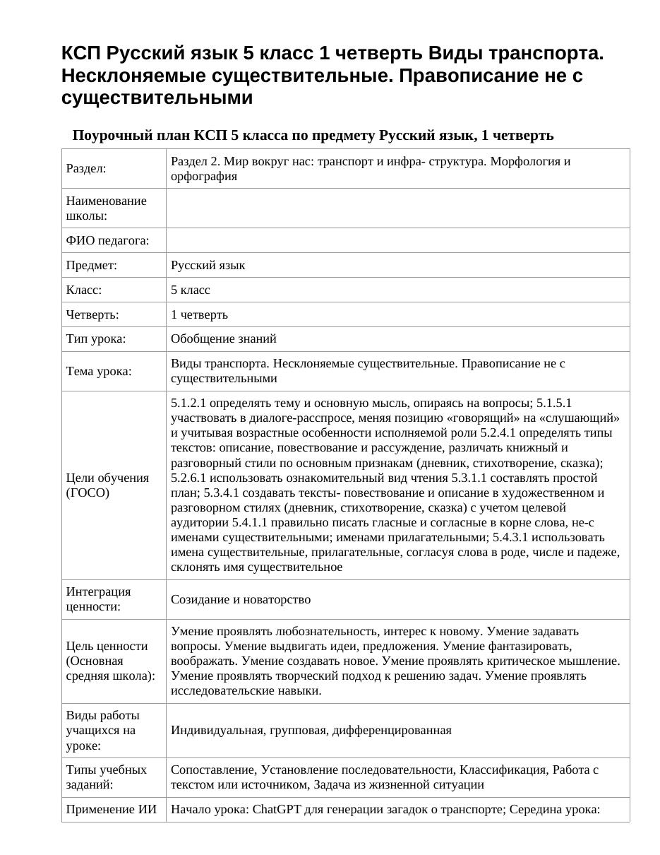 КСП Русский язык 5 класс 1 четверть Виды транспорта. Несклоняемые существительные. Правописание не с существительными