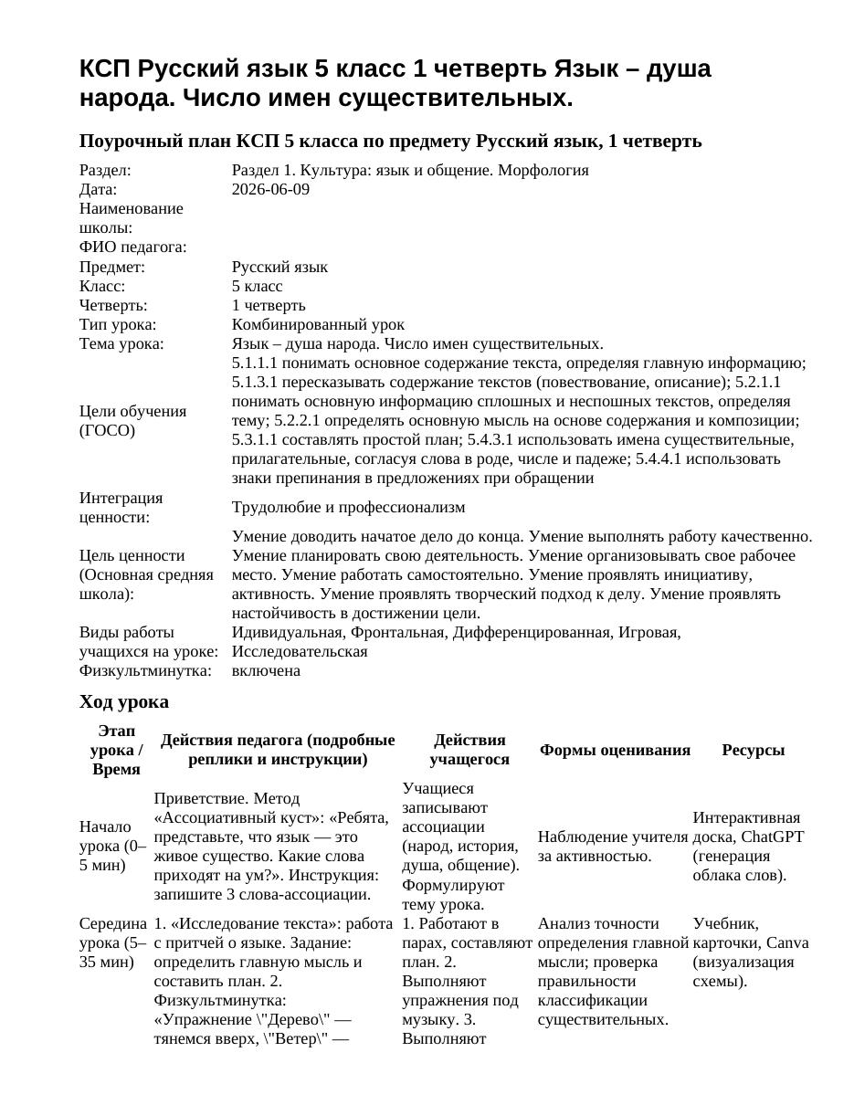 КСП Русский язык 5 класс 1 четверть Язык – душа народа. Число имен существительных.