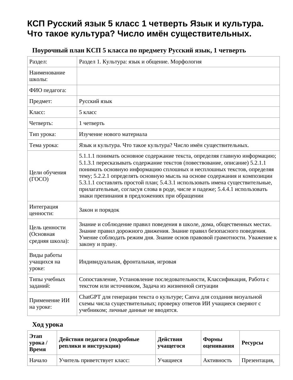 КСП Русский язык 5 класс 1 четверть Язык и культура. Что такое культура? Число имён существительных.