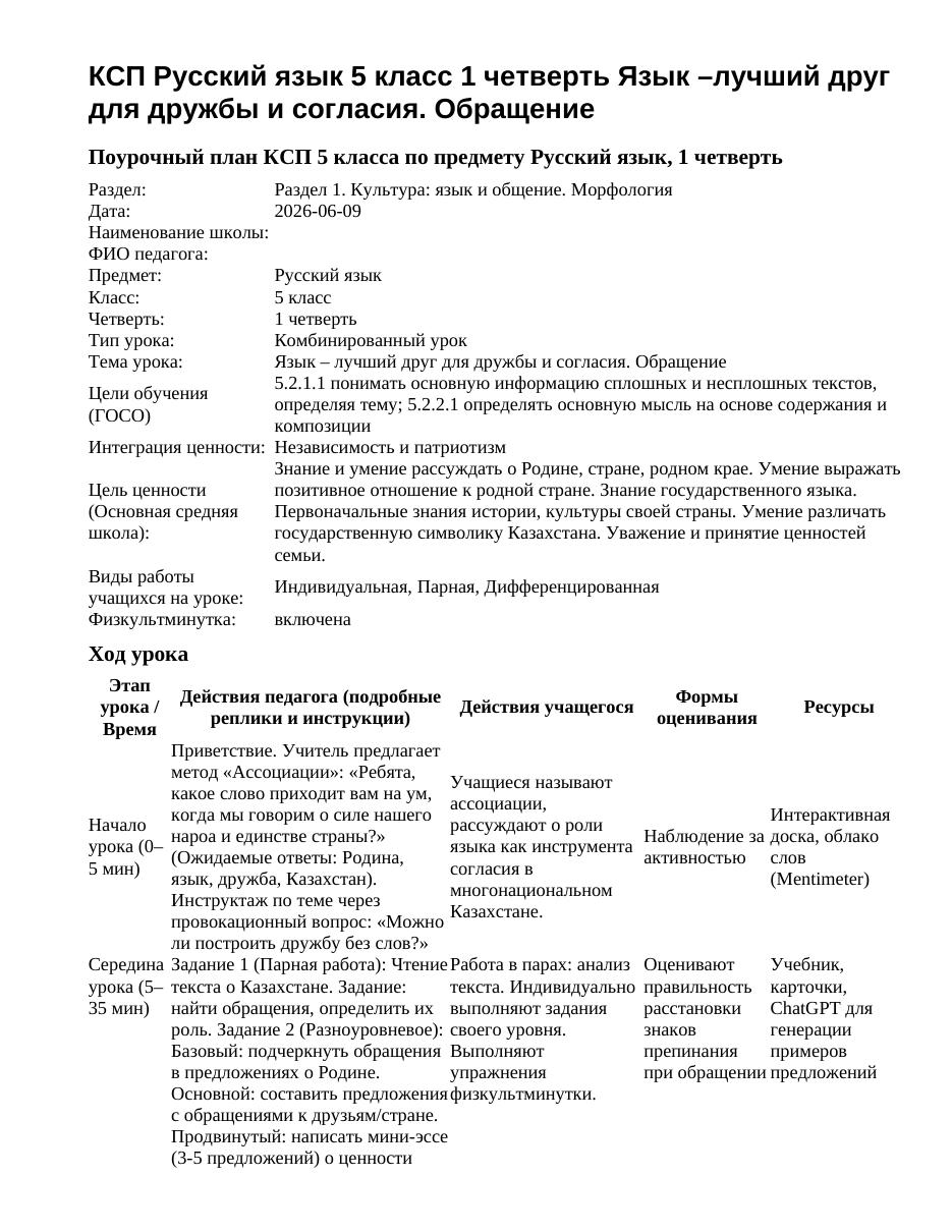 КСП Русский язык 5 класс 1 четверть Язык –лучший друг для дружбы и согласия. Обращение