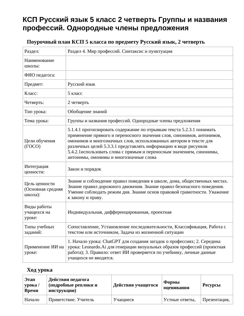 КСП Русский язык 5 класс 2 четверть Группы и названия профессий. Однородные члены предложения