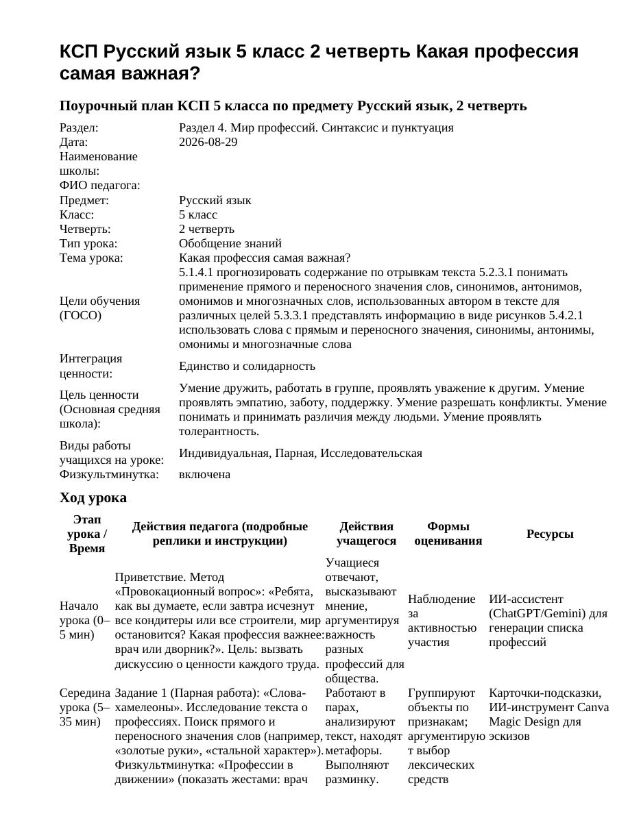 КСП Русский язык 5 класс 2 четверть Какая профессия самая важная?