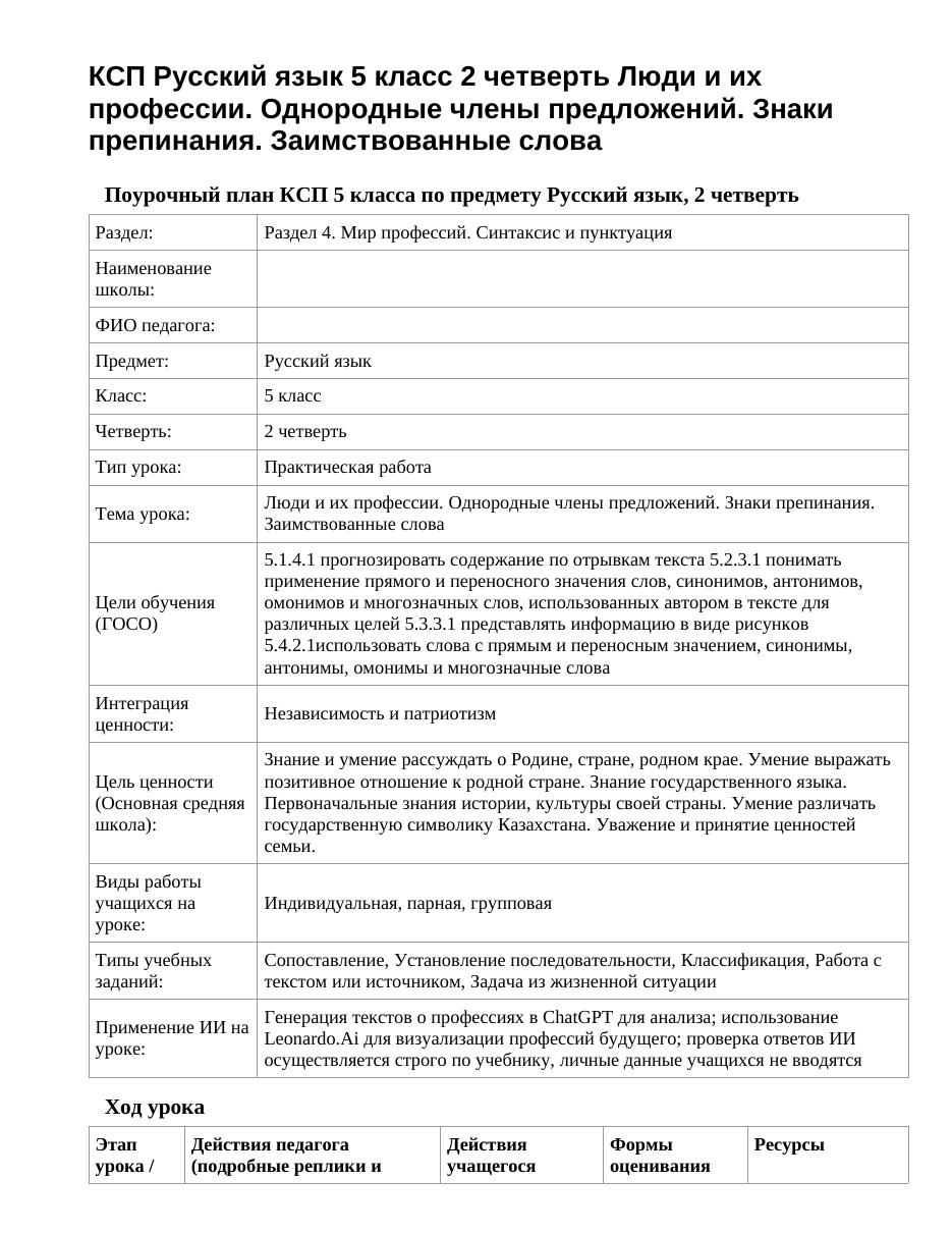 КСП Русский язык 5 класс 2 четверть Люди и их профессии. Однородные члены предложений. Знаки препинания. Заимствованные слова