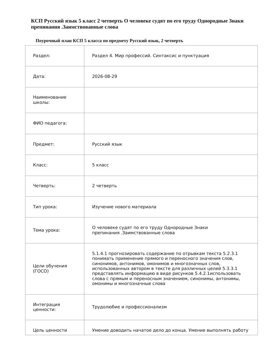 КСП Русский язык 5 класс 2 четверть О человеке судят по его труду Однородные Знаки препинания .Заимствованные слова