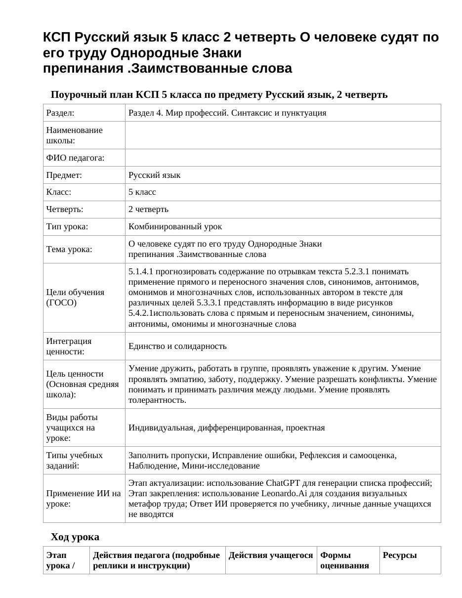 КСП Русский язык 5 класс 2 четверть О человеке судят по его труду Однородные Знаки препинания .Заимствованные слова