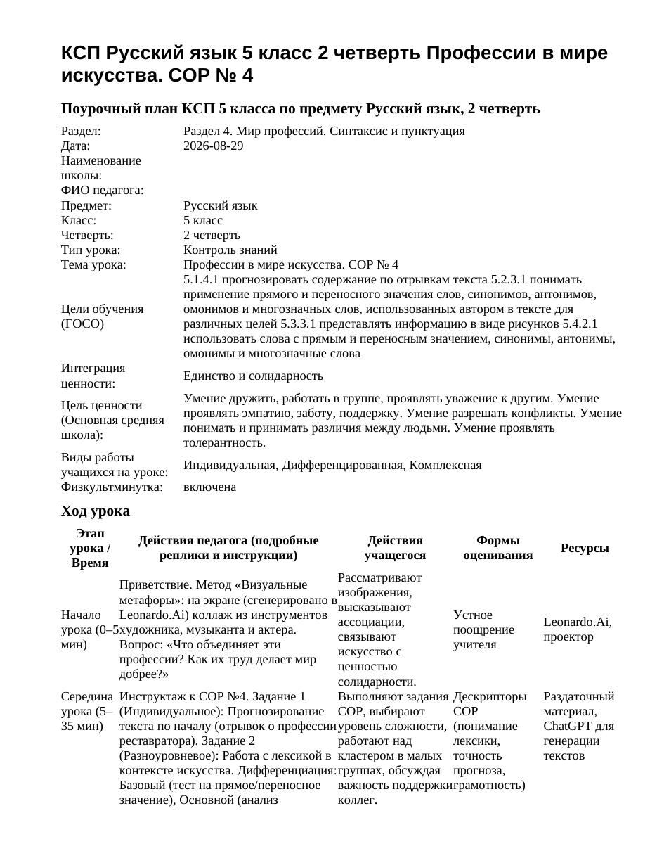 КСП Русский язык 5 класс 2 четверть Профессии в мире искусства. СОР № 4