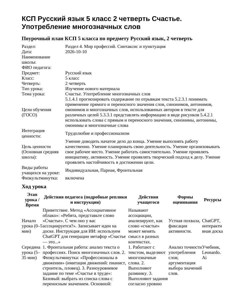 КСП Русский язык 5 класс 2 четверть Счастье. Употребление многозначных слов