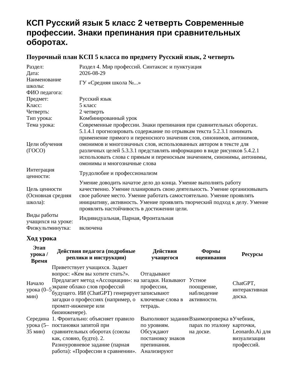 КСП Русский язык 5 класс 2 четверть Современные профессии. Знаки препинания при сравнительных оборотах.