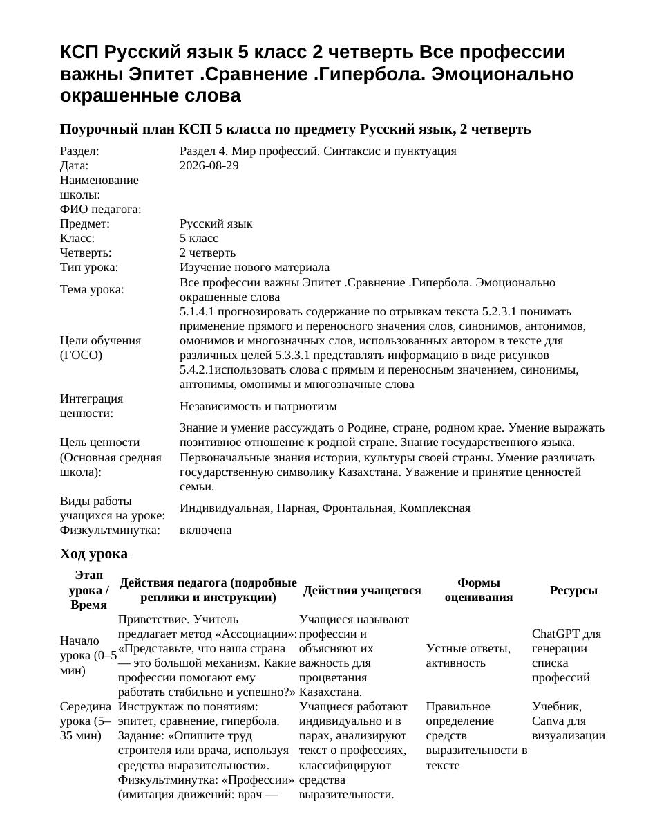 КСП Русский язык 5 класс 2 четверть Все профессии важны Эпитет .Сравнение .Гипербола. Эмоционально окрашенные слова