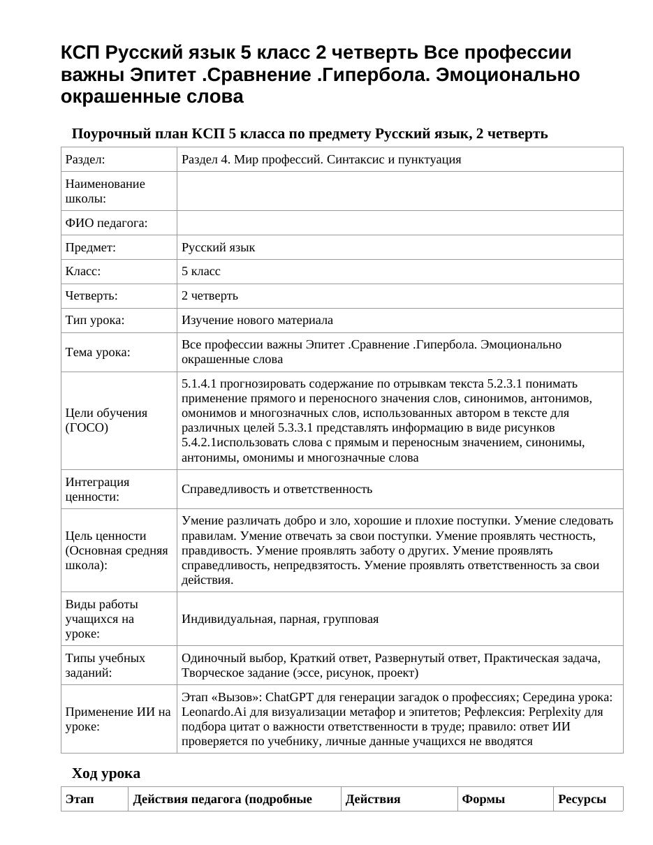 КСП Русский язык 5 класс 2 четверть Все профессии важны Эпитет .Сравнение .Гипербола. Эмоционально окрашенные слова